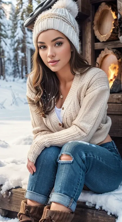 A Gorgeous girl sitting in the small hut, bonfire, realistic photography, winter time, firewood, flames realistic, ultra realistic photography, masterpiece, gorgeous girl Slender figure, extremely detailed face, luxuriant eye lashes, eyebrow tutorial, glos...