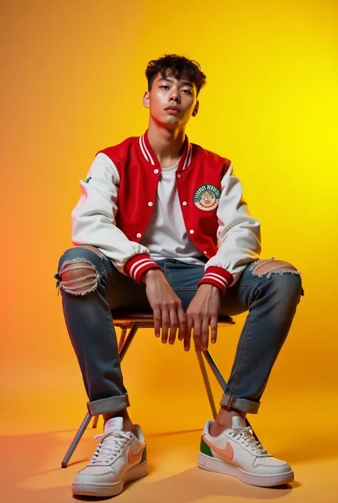 Stunning, high quality photo of an Korean  man sitting chair name " yoh ", featuring a stylish yet stylish varsity  jacket outfit. he has short under cut hair. Slim ripped jeans, and white  nike sneakers. Peach on the SPD text word "hunter" it is surrounde...