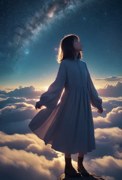  stepping into a world of mysterious and mystical beauty , Where reality and dreams intersect.  of a sea of breathtaking stars Picture the scenery ,  shining brightly on fluffy clouds . In the foreground, A young girl is standing on a cloud,  her silhouett...