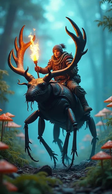 A fearless explorer, clad in a hodgepodge of scavenged armor, boldly rides a gargantuan stag beetle as it bursts forth from the heart of a mystical, bioluminescent forest. The beetles colossal mandibles shimmer under the soft, ethereal glow of the silvery-...