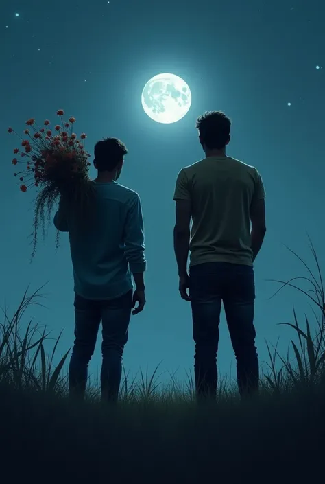 Two men under the moonlight. The shorter man holds a bouquet of flowers on his back while facing the back of the other guy who is a bit taller than the first one. This other guy who turned his back at him and seems oblivious. The title would be "The Weight...