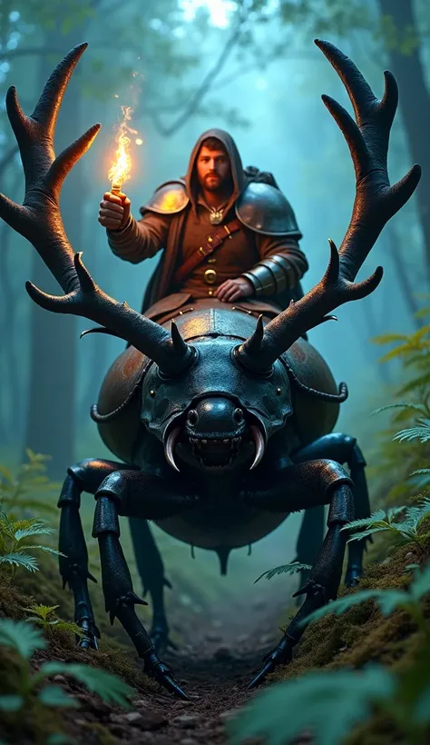 Macro photograph of a daring adventurer clad in cobbled-together armor riding a stag beetle, gripping a tiny torch made of glowing ember. The stag beetle’s massive mandibles gleam under the silvery-blue light of a bioluminescent forest. Ferns and mushrooms...