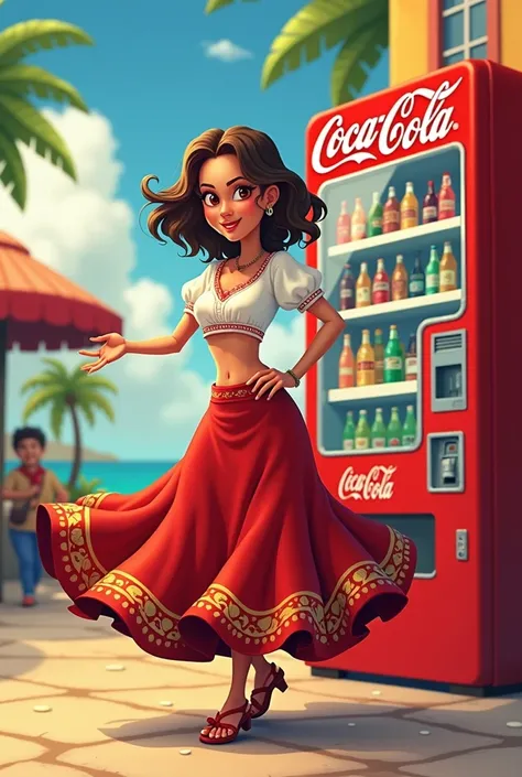 Cartoon of a short woman, normal body, wide hips with short brown hair, brown eyes dancing in typical Costa Rican costume, colors red, blue and white and a Coca-Cola dispensing machine in the front