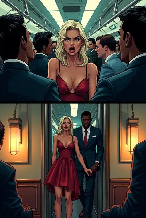 white woman yells at a man on the train, then this woman goes to the hotel with a black man, undresses in the hotel room, tell me without changing the characters, do it in comic book style