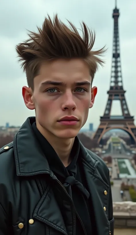 foto RAW,  a close up photo of a 16-year-old portrait in front o Eiffel Tower in Paris. . The 1. european  european slavic boy , Alone, realistic, modern luxury cloths, cyberpunk,  spiked hair,  in the background is ruins of the city , ( highly detailed sk...