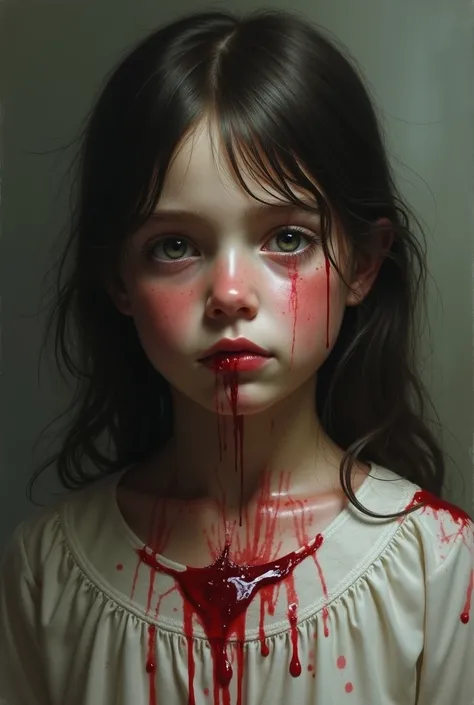 A picture of a sad girl covered in blood