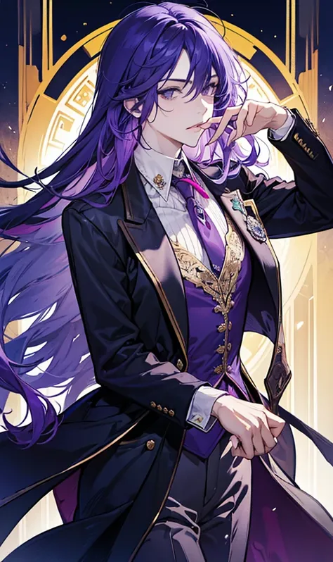  good-looking, ((Man)), cool, Monocle, Purple hair,  long hair,