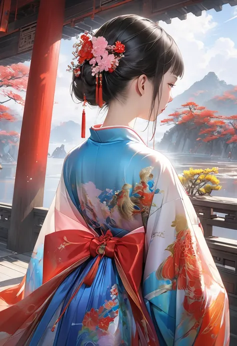  One girl .Alone,Hanfu,Chinese clothes,(Back side:1.2),  photos while wearing a shiny tank top, masterpiece,  Photorealism, top quality , 超 High Definition ,  RAW photos ,  photoshoot,  Professional ,  beautiful self-brilliance ,  colorful ,  Surrealist , ...