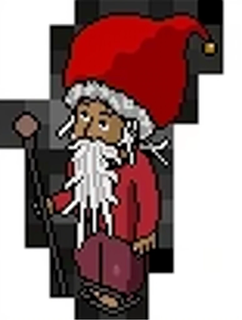 Make a pixel art image that Santa Claus Rasta is in a snowy pixel Christmas setting at the Habbo Hotel: Origins.