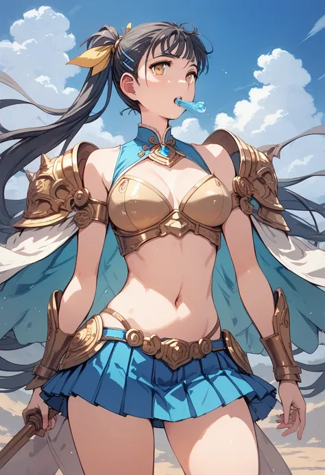 pt，pt，pt，pt，（ top quality ，4K，8k），pt、 ponytail， fantasy fashion，A scene from an anime，cool scene ，The wind blowing through， pleated skirt，Belly button， sleeveless tops ， asymmetrical design outfit，long yellow ribbon ， girl standing on an otherworldly prair...