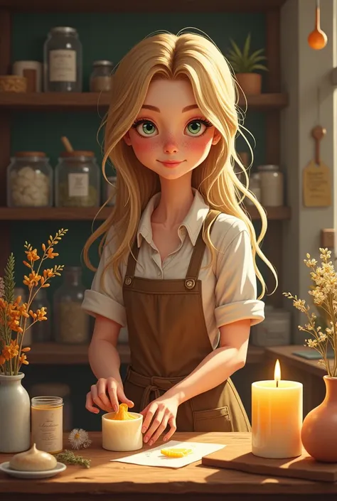  A girl who makes aroma candles in her workshop.  A girl with blond long hair , 29 years old, there are small freckles ,  the face is slightly rounded , Eyes are green, height 155 cm 