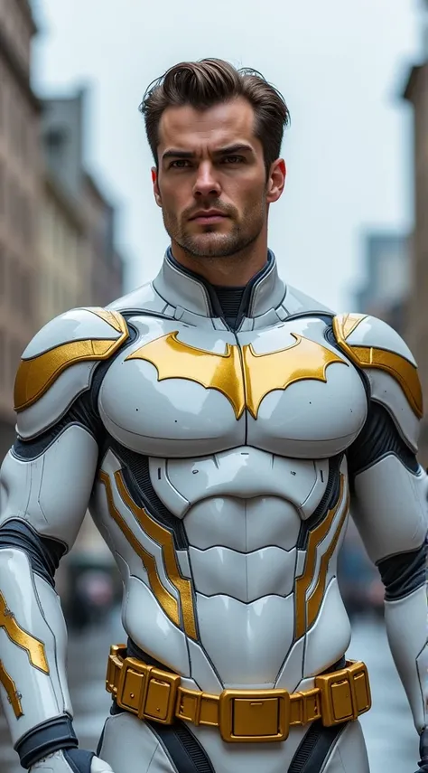 Cyborg , cybernetic eyes , handsome and hunky, White And Golden Suit, Beautiful Combination Of Colors White And Golden Color, Full Body, Marvelous, Awesome, Realistic, High Detailed, Background Gotham City