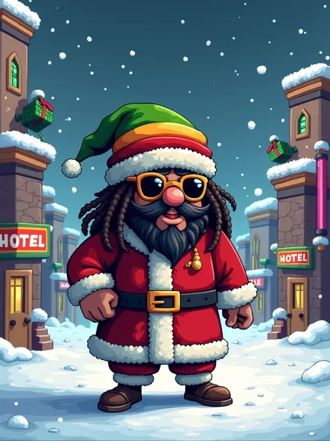 Make a pixel art image that Santa Claus Rasta is in a snowy pixel Christmas setting at the Habbo Hotel: Origins.