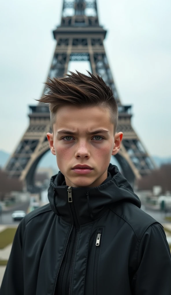 foto RAW,  a close up photo of a 16-year-old portrait in front o Eiffel Tower in Paris. . The 1. European  slavic boy , Alone, realistic, modern luxury cloths, cyberpunk,  spiked hair,  in the background is ruins of the city , ( highly detailed skin:1.2), ...