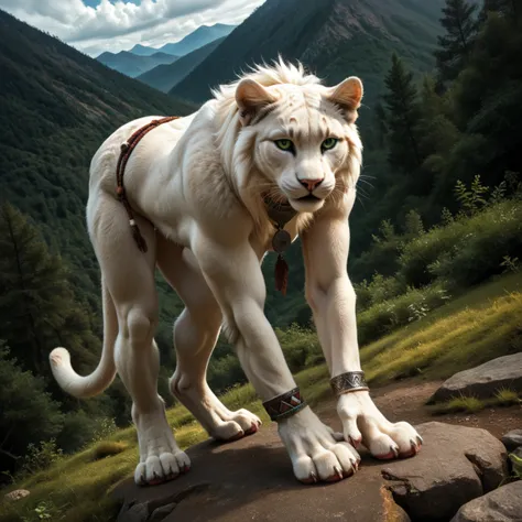 score_9, score_8_up, score_7_up, score_6_up, top view, white panther, female, with mane, indian archer with bow, indian tribal clothing, anthro, felid, feline, stands, human-like hands, (detailed background), nature, in the high mountains, white fur, solo,...