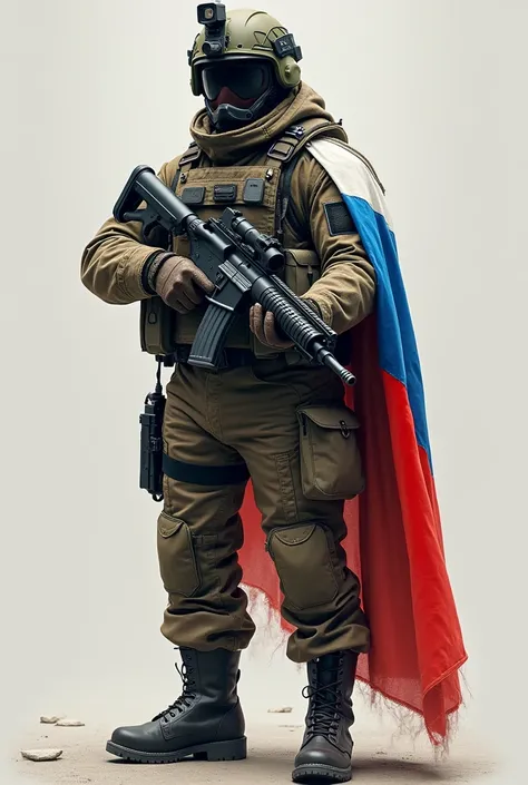 Make a soldier with the Russian flag on his arm boots military helmet holding a super machine gun 