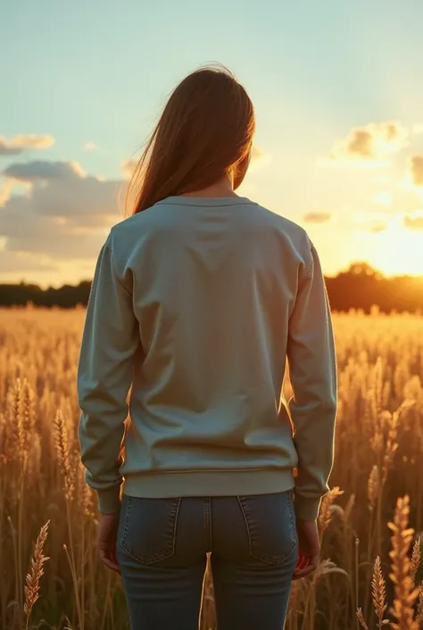  Create a sweatshirt that is used as the center of attention of the image that is on its back and that the background has a lot of grass "of a natural environment "  such as a field with a beautiful sky 