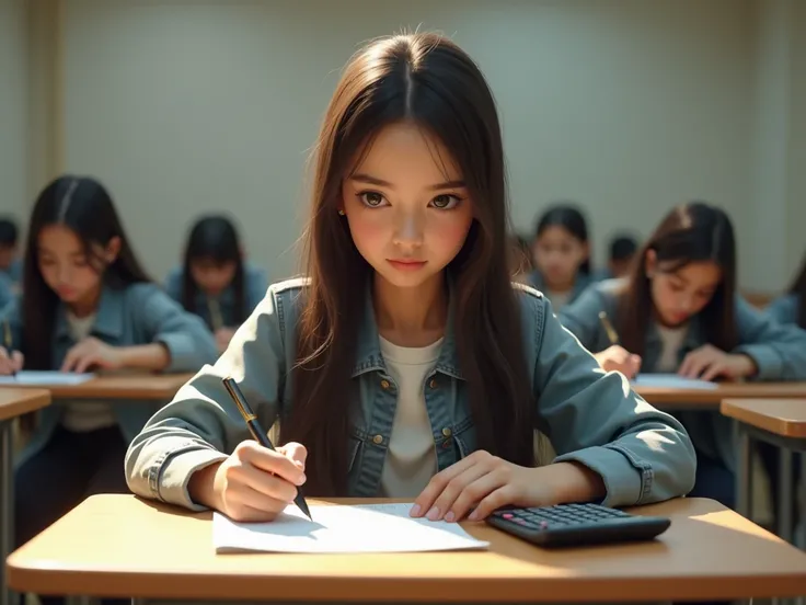  IMAGE OF A STUDENT TAKING AN EXAM , LET THE  ,  EXAM BE SEEN HOLDING HER PEN AND A CALCULATOR ,  IN THE BACKGROUND SHOWING OTHER STUDENTS ALSO TAKING THE EXAM