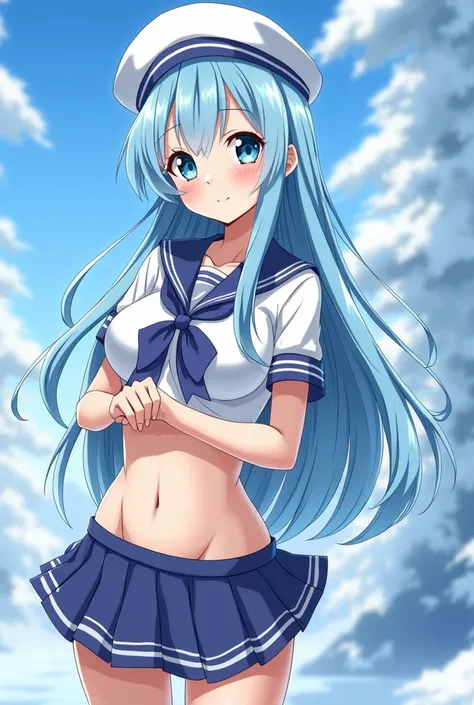 Generate me an image of a mature very big-breasted anime girl, with light blue hair, sailor uniform with unbuttoned chest, blue eyes, pale skin, and ice powers. she also has a sailor hat. has a big ass too. looks around 25. bra showing and ass visible. sex...