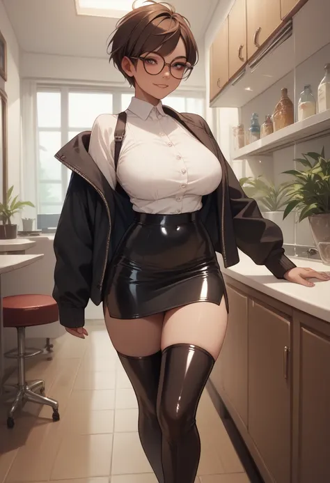 40-year-old woman with short tomboy-style brown hair with big breasts wearing a black jacket with a white blouse and short black skirt and long latex stockings and black heels with dark glasses while standing in her room 