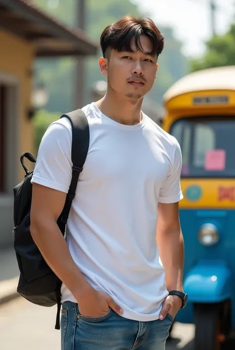 ((Korean Man Wearing White Short Sleeve Round Neck Sports Shirt)) , ((( Jeans ))), (((Men with short hair))), ((( muscle ))), (((Seductive fit body ))), ((Short Hairstyle))), ((Real picture, natural light , ((realistic daylight)) ,  Yellow Blue Tuk Tuk Tuk...