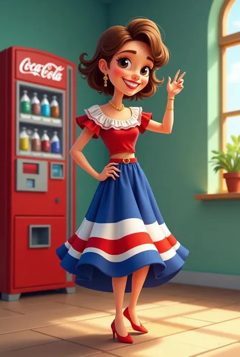 Cartoon of a short woman, normal body, a little wide hips with short brown hair, brown eyes dancing in typical Costa Rican costume, colors red, blue and white like the flag and Coca-Cola dispensing machine in front of her taking a selfie and at the same ti...