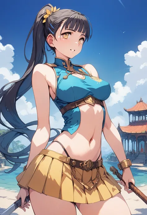 pt，pt，pt，pt，（ top quality ，4K，8k），pt、 ponytail，modern fantasy fashion，A scene from an anime，cool scene ， pleated skirt，Belly button， sleeveless tops ， asymmetrical design outfit，long yellow ribbon ， girl standing on an otherworldly prairie，blue sky，Adventu...