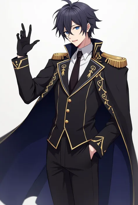 Fujimaru Ritsuka (male) from Fate/Grand Order wears a luxurious black commander outfit with a commanders jacket covering his shoulders and a raised right hand with a command spell symbol. If you want a reference, the outfit is similar to Houraiji Kyuusyou ...