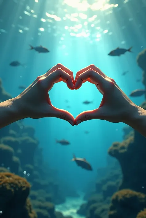  Two hands forming a heart, The background a water world  