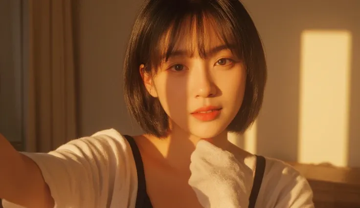 ​masterpiece、 top quality 、 Official Art 、 highly detailed CG unity 8k wallpaper、 One Girl 、 Ultra A High Resolution、( photorealistic:1.4)、 golden hour lighting、Body、(charm:1 ), (Platinum short hair: 0.8), ((Swollen eyes)),  Watch viewers, Its on the other...