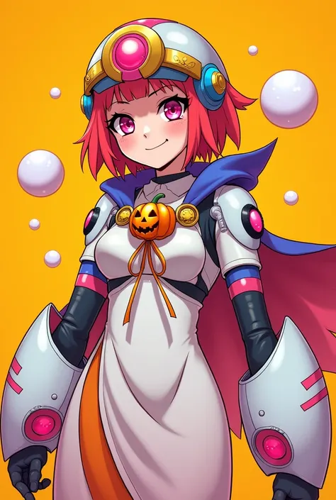 A character with a blend of mechanical and fantasy elements, set against a bright orange background. The character is a young girl with vibrant red hair, styled to convey motion, and glowing pink eyes. She wears a futuristic mechanical helmet designed with...