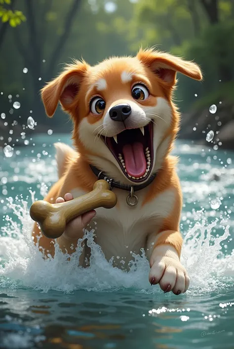 The dog opened his mouth wide to grab the other bone, but in doing so, he dropped his own bone into the river. The bone was swept away by the water, and the dog was left with nothing.