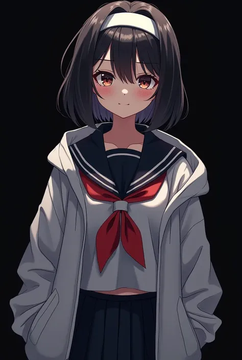 cool high school girl、cool、 inappropriate smile、hoodie over sailor suit、 headband、 all back、 face door up、Intense eyes、 animated illustration (8K,  original photo,   Top Quality , masterpiece: 1.2),  Super detailed , Super Resolution, (True, True photos: 1...