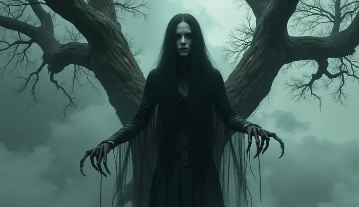 Scary Khmer female ghost at the end of a tree​, has long hair and look so scary.