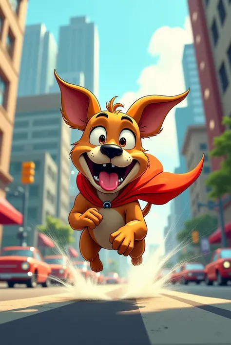 "A wild-eyed cartoon dog with oversized ears, wearing a superhero cape, racing through a city street with its tongue hanging out and a trail of dust behind it."