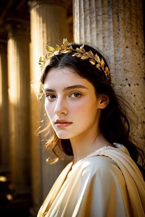 Young woman, 19, with elegant features and porcelain skin, dressed in intricately draped Roman attire, adorned with golden laurel wreaths and precious gemstones, posing as a Roman goddess amidst ancient Roman architecture, warm sunlight casting a gentle gl...