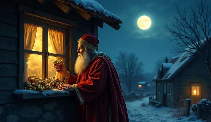 " Saint Nicholas discreetly leaving gold bags on the window of a humble house at night . The scene is illuminated by the light of a full moon ,  with details showing the familys poverty inside the house and the saints kind expression."