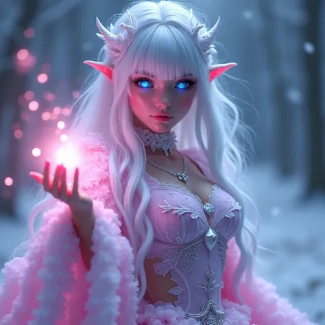 A beautiful girl with white hair and blue eyes radiating blue colour from her eyes and pink colour surrounding her body and doing some kind of magic and wearing fantasy clothes , giving a really cold pose