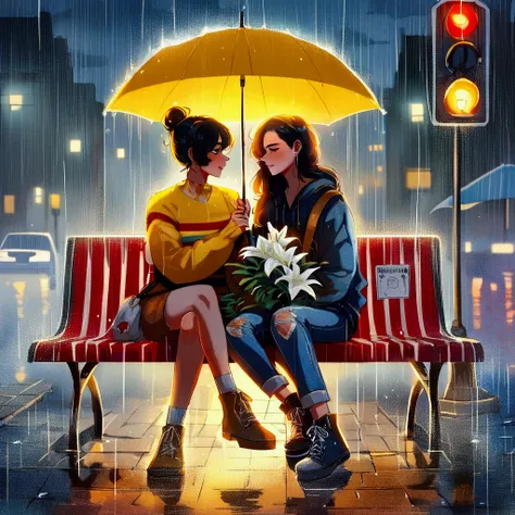 there are two people sitting on a bench in the rain, after rain and no girls, beautiful painting of friends, under rain, by Cyril Rolando, alena aenami and lilia alvarado, in style of cyril rolando, cyril rolando and m.w kaluta, cyril rolando and m. w kalu...