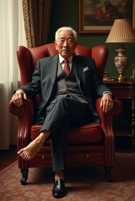 ,   Elderly gentleman   .    The president of a Japanese company wears a luxurious outfit...,   sitting barefoot on a chair in a luxurious office. .   ,  The goal is to inflate up  .,   gigantic penis  ,   Shiny black leather shoes   , 8k resolution,Master...