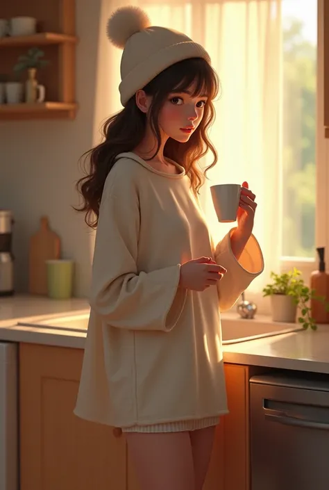  Young woman with an overzised sleep T-shirt, hat panties an, Makes herself a coffee in the morning  