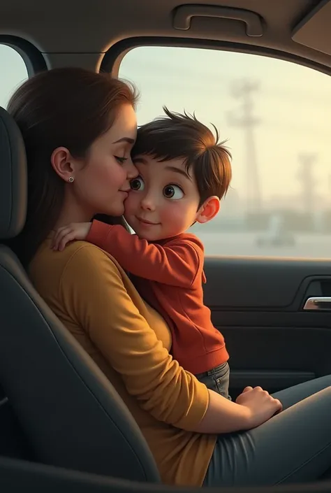 Boy standing in back of car on womans lap