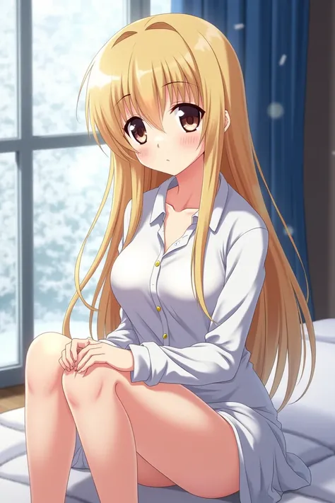 18 years old,(anime:0.6),best quality,masterpiece,beautiful background,shiny skin,winter,(kindness smile:0.1),
(((white collared shirt ))),((white dress shirt over naked)),half lips,Karen Maishima, blonde long hair, 1990s_anime_Style,bed room, sitting on b...