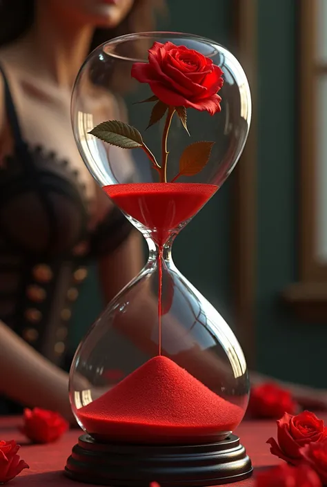 Low angle, static shot: A beautiful hourglass filled with red rose. The rose slowly drains from the top bulb to the bottom, showcasing the elegant flow. The glass edges catch the light, creating a mesmerizing effect. background beautiful woman sexy lingeri...