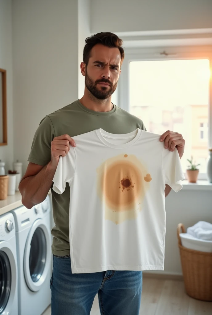 Here’s a detailed prompt for an image design background with a man holding a stained t-shirt for a detergent ad:

**Prompt**:
- A man standing in a well-lit laundry room, holding a stained t-shirt in one hand, with a concerned or frustrated expression on h...