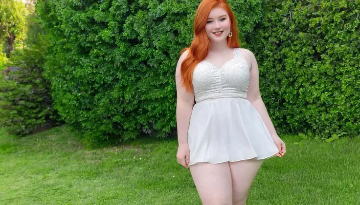 Red-haired teen model from Chaturbate and Pornhub,  full naked flat bellied chubby princess face with a perfect body smiling,  porcelain skin,  pale white skin , perfect skin, walking on a garden lawn 