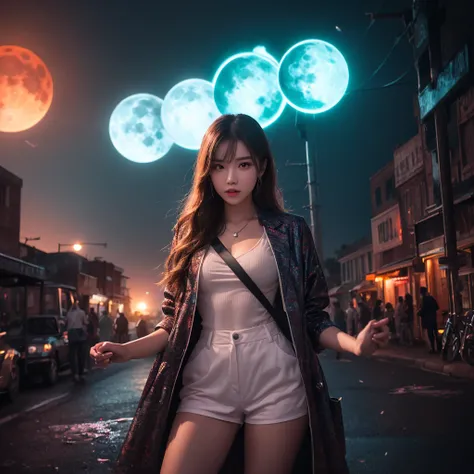 A girl with vibrant colors standing under a blood moon, showcasing ray tracing effects. The scene is a masterpiece with ultra quality, featuring absurd details, the best light and shadow, and a sharp image. The background includes particle effects and beau...