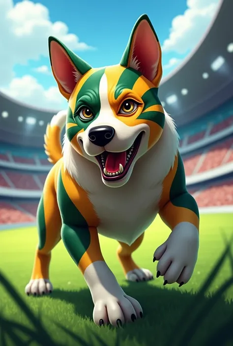  fan now add a background as if the dog were in a stadium ,  increase the length of its muzzle and add two stripes of yellow and green paint, Like a 