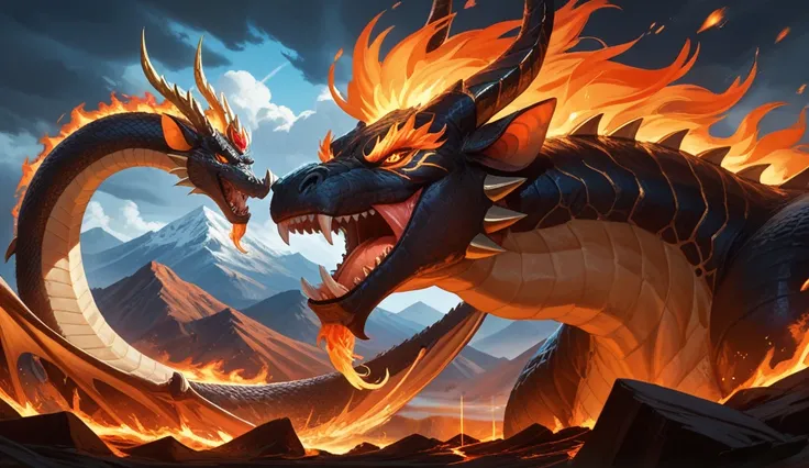 A dramatic illustration depicting an epic battle between a king dressed in Javanese royal attire complete with a gold crown and a glowing keris against a giant dragon that emits fire from its mouth. The background is a mountain crater with boiling lava emi...