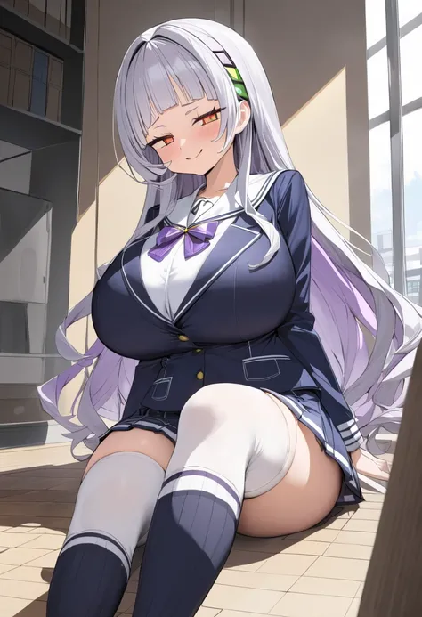 ( top quality , 8k, masterpiece),　 girl、young、Idol、1 person、 murasaki shion, 、 hololive ,Silver Hair  , Big Breasts ,smile、 like heaven、 red cheeks 、Tanimachis emphasis 、A rich variety of skin tones  , (  sailor suit ,  blazer ,  miniskirt , thigh-high soc...